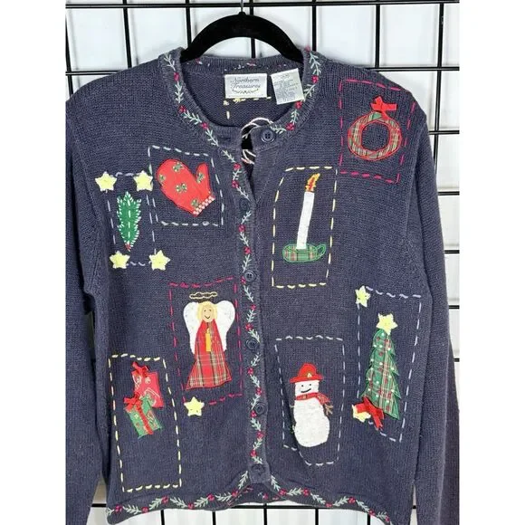 VTG Northern Treasures Womens M Navy Blue Button-Up Cardigan Holiday Sweater - Picture 4 of 7